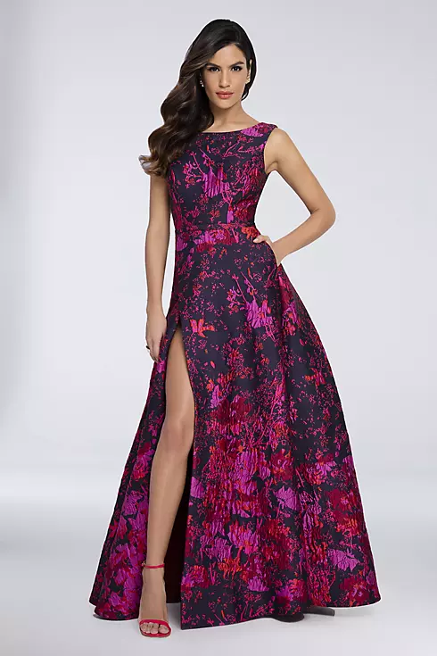 High-Neck Floral Brocade Ball Gown with Open Back Image 1