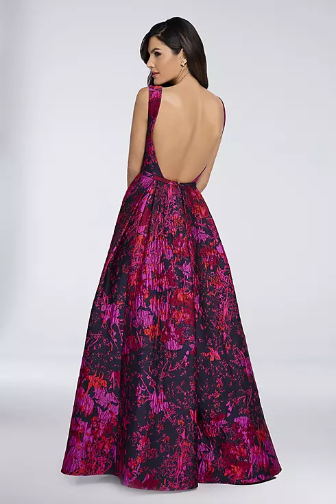 High-Neck Floral Brocade Ball Gown with Open Back Image 2