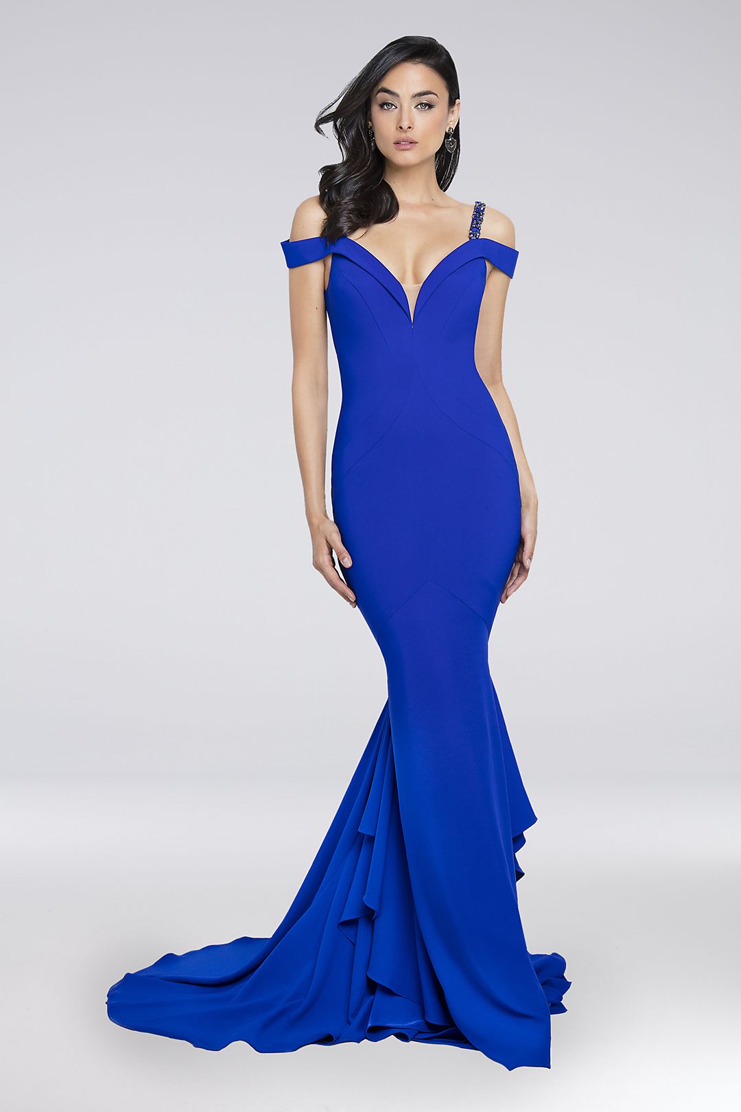 Beaded Strap Plunging Off-the-Shoulder Gown Image 1
