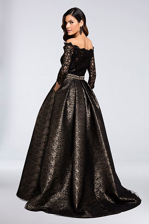 Belted Scallop Lace Ball Gown with Metallic Skirt Image 2