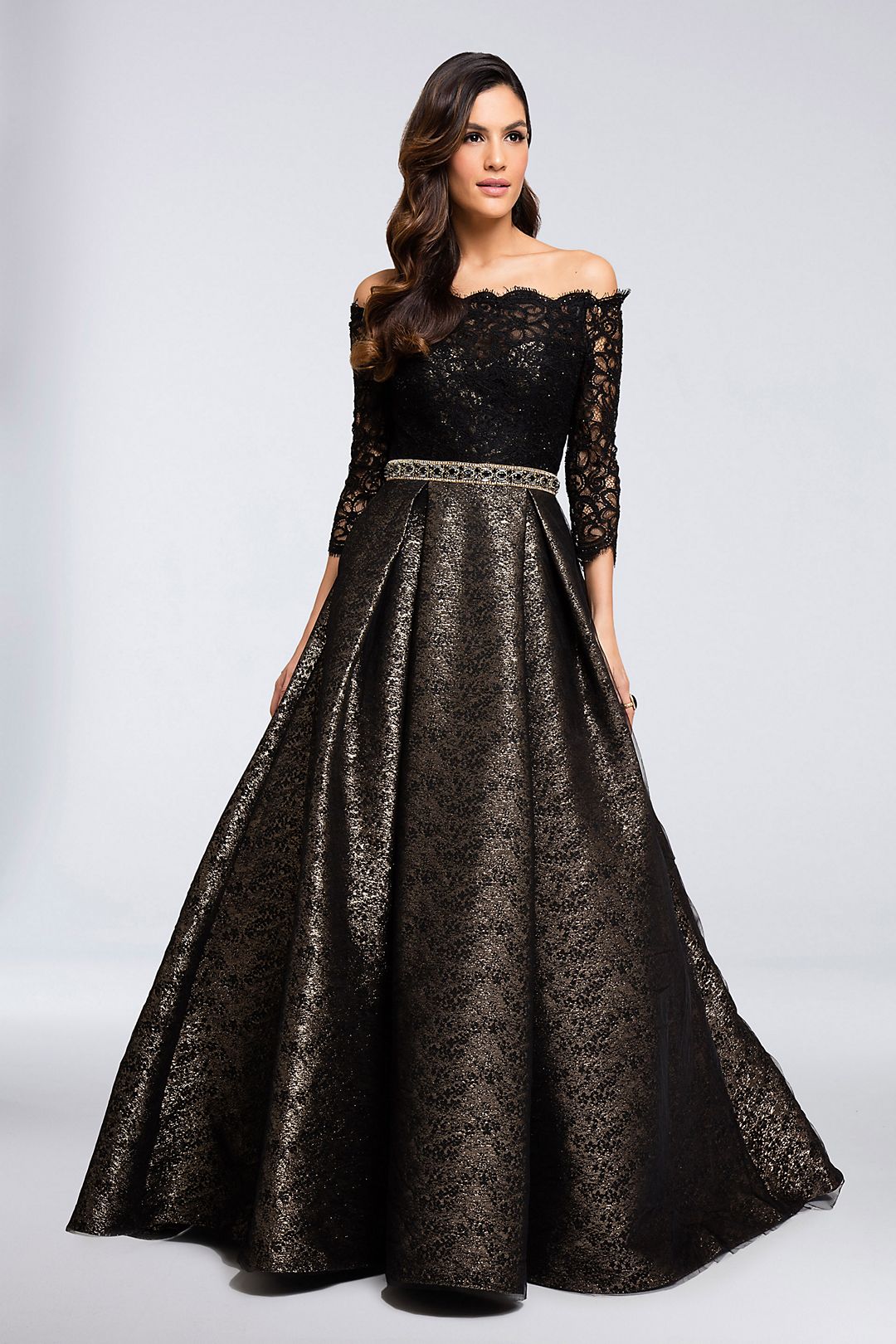 Belted Scallop Lace Ball Gown with Metallic Skirt Image 1
