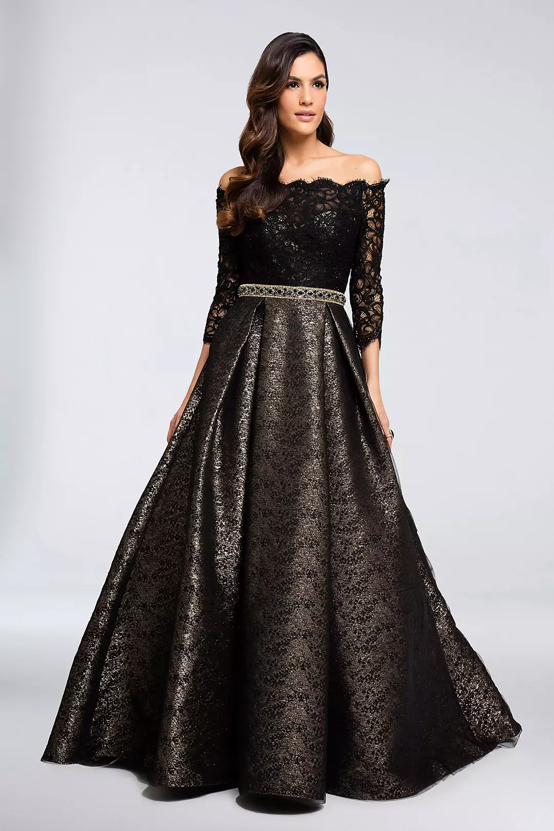 Belted Scallop Lace Ball Gown with Metallic Skirt Image