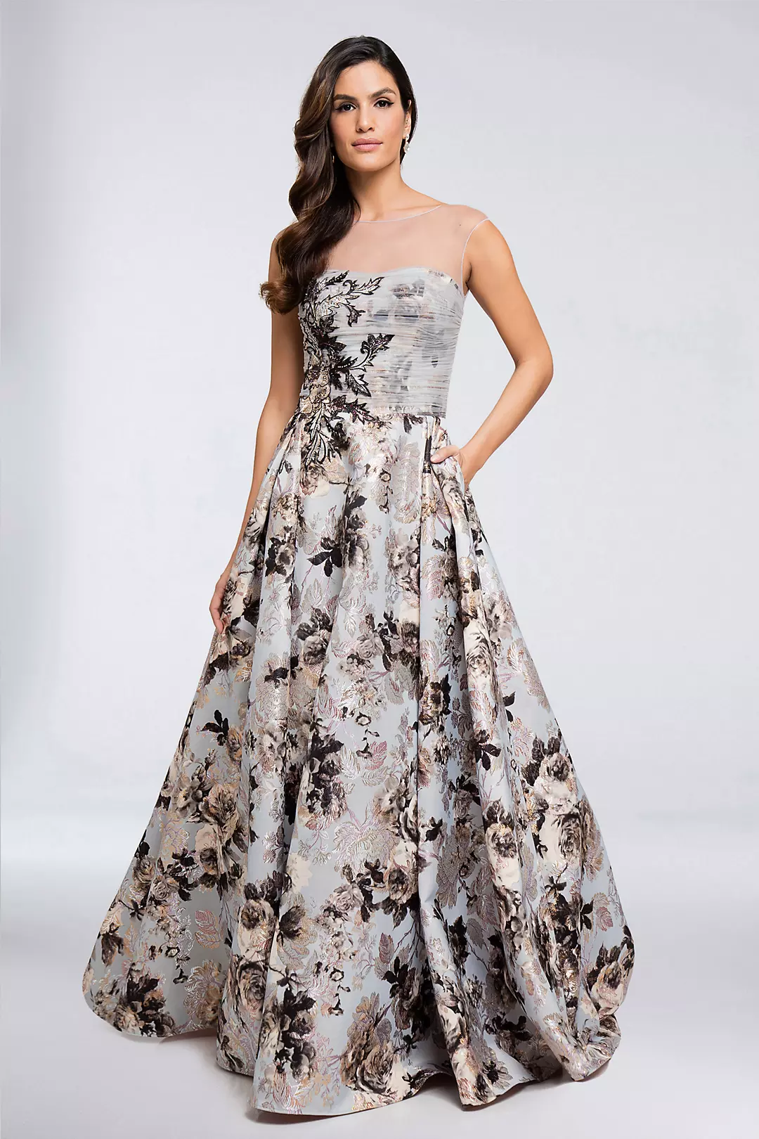 Embellished Brocade Illusion Neckline Ball Gown Image