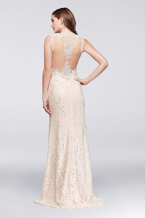 Long Lace Dress with Sheer Back and Slit Skirt Image 4