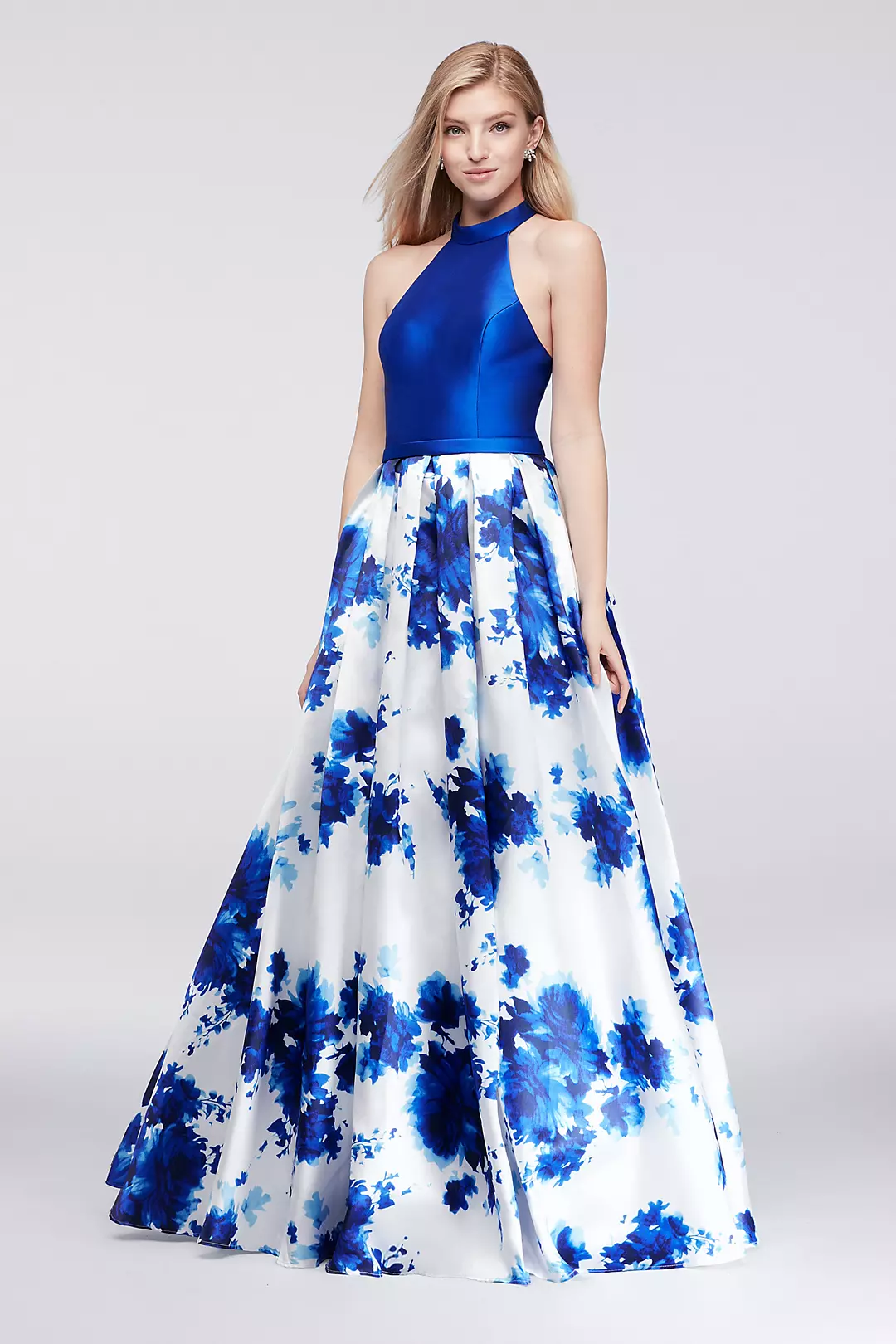 Mikado Halter Ball Gown with Floral-Print Skirt Image