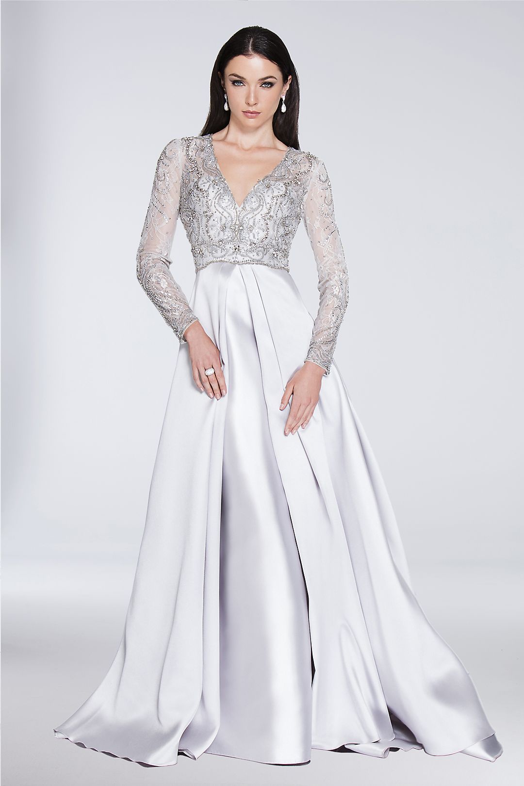 Beaded Long Sleeve V-Neck Ball Gown with Overskirt Image 1
