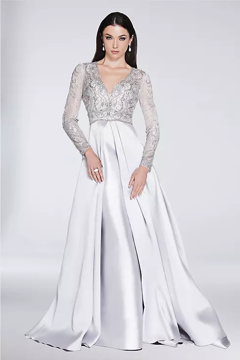 Beaded Long Sleeve V-Neck Ball Gown with Overskirt Image 1