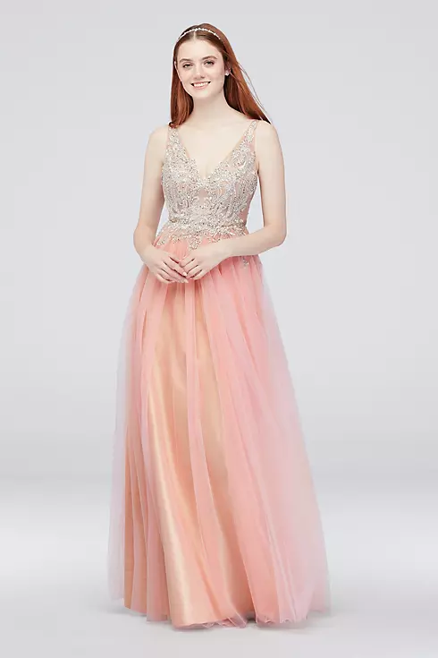 V-Neck Illusion Gown with Applique and Tulle Image 1