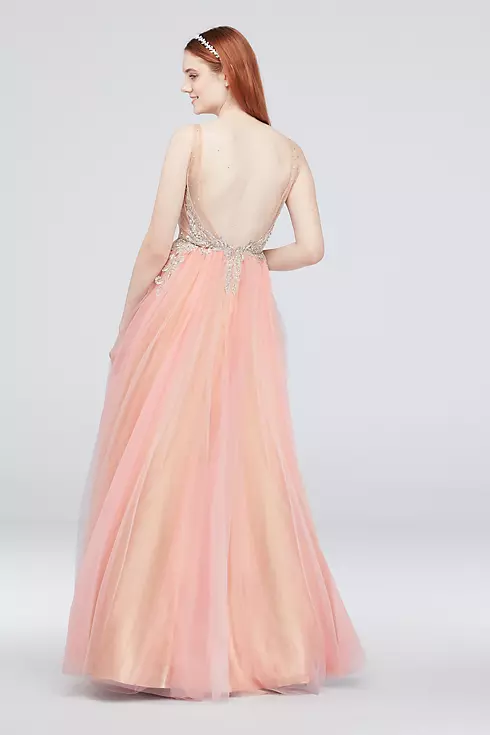V-Neck Illusion Gown with Applique and Tulle Image 2