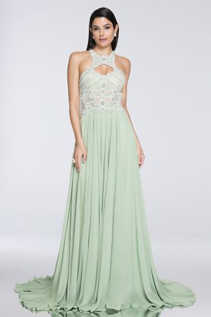 Chiffon Keyhole Halter Dress with Beaded Bodice | David's Bridal