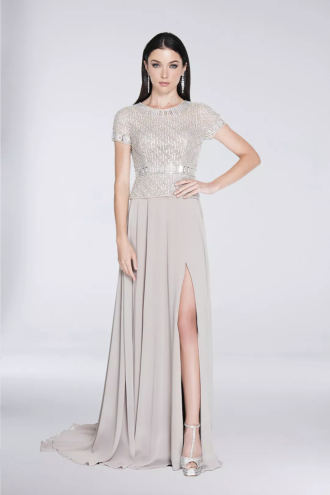 Jewel-Encrusted Short Sleeve Chiffon A-Line Gown Image