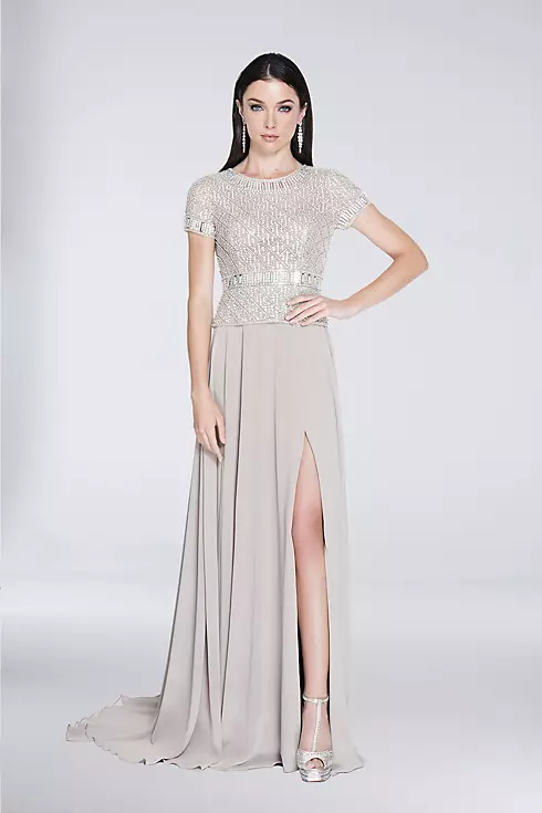 Jewel-Encrusted Short Sleeve Chiffon A-Line Gown Image 1