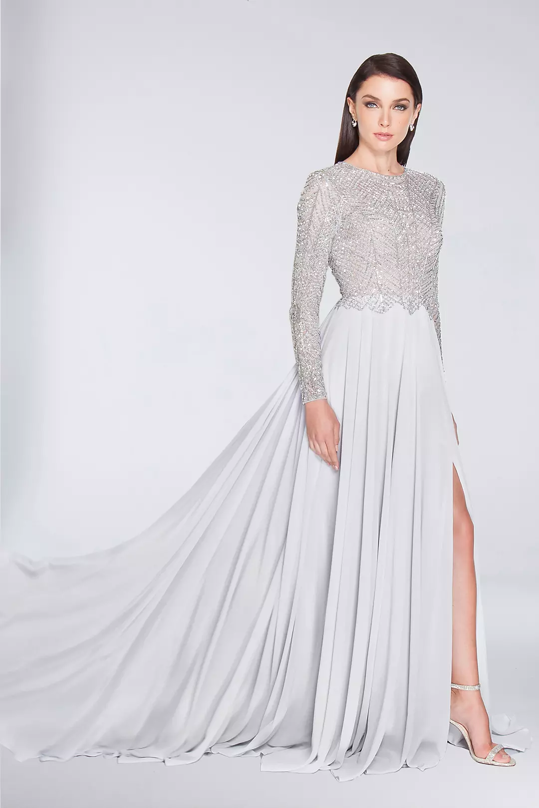 Beaded Long Sleeve A-Line Chiffon Dress with Slit Image