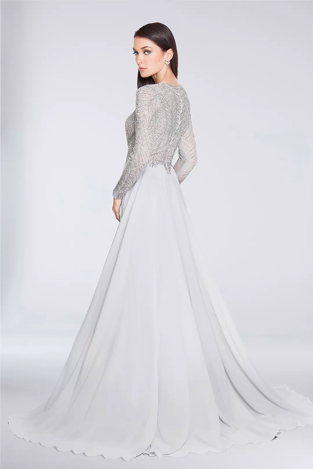 Beaded Long Sleeve A-Line Chiffon Dress with Slit | David's Bridal