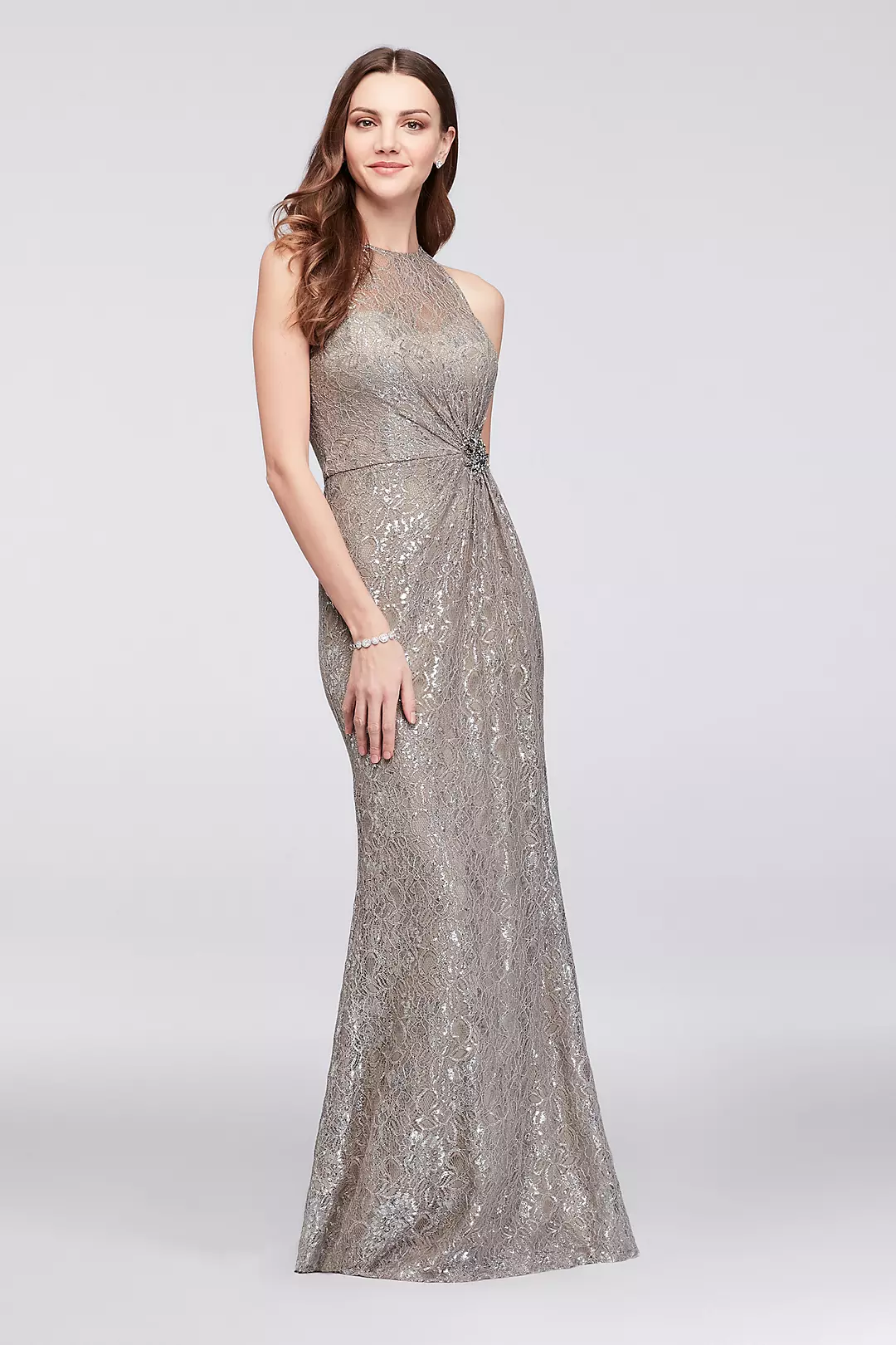 Metallic Lace Soft Sheath Dress with Waist Detail Image