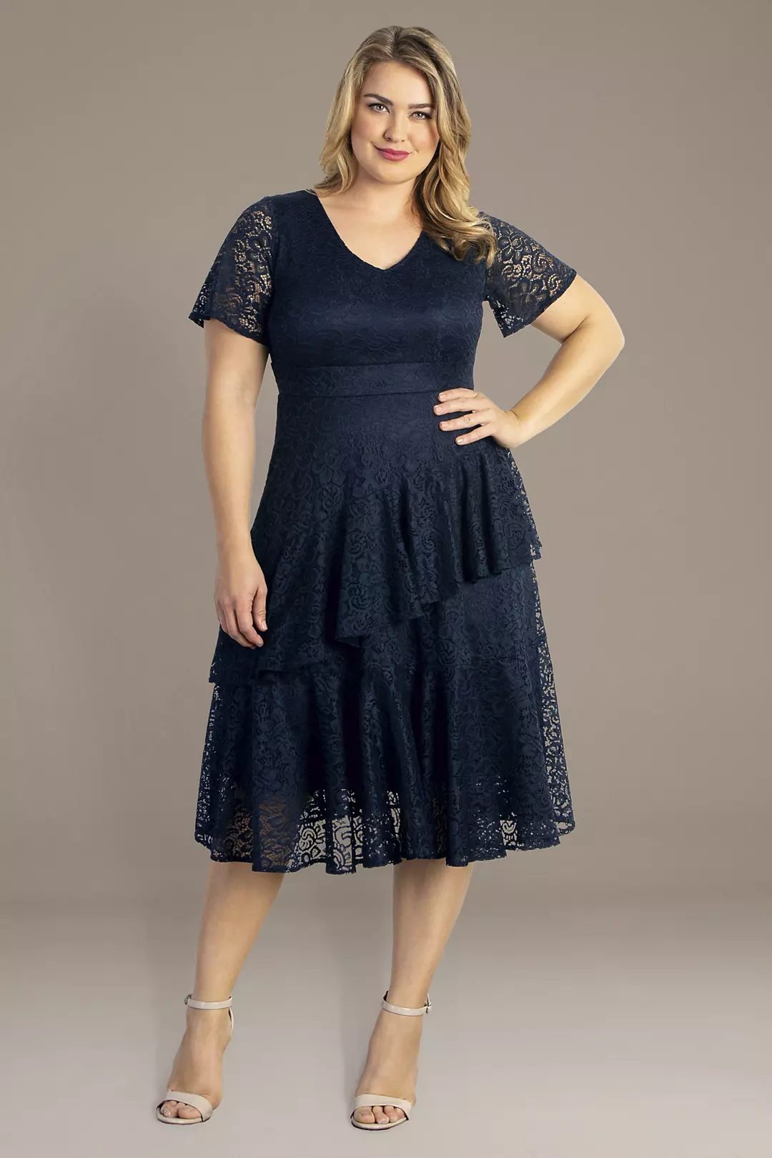 Plus Size Short Sleeve Tiered Lace Midi Dress | David's Bridal