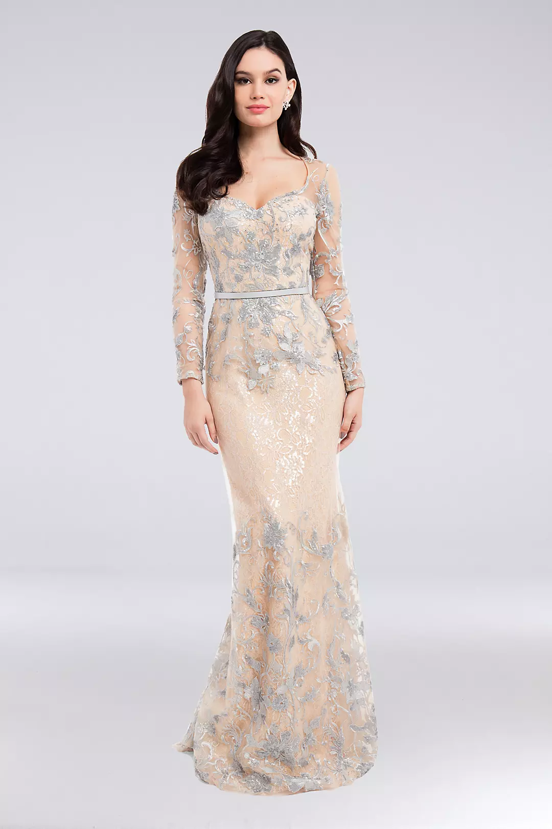 Metallic Lace Sweetheart Gown with Leather Belt Image
