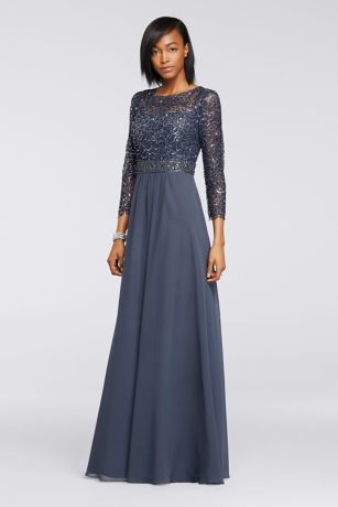 Sequin Lace Long Chiffon Dress with 3/4 Sleeves | David's Bridal