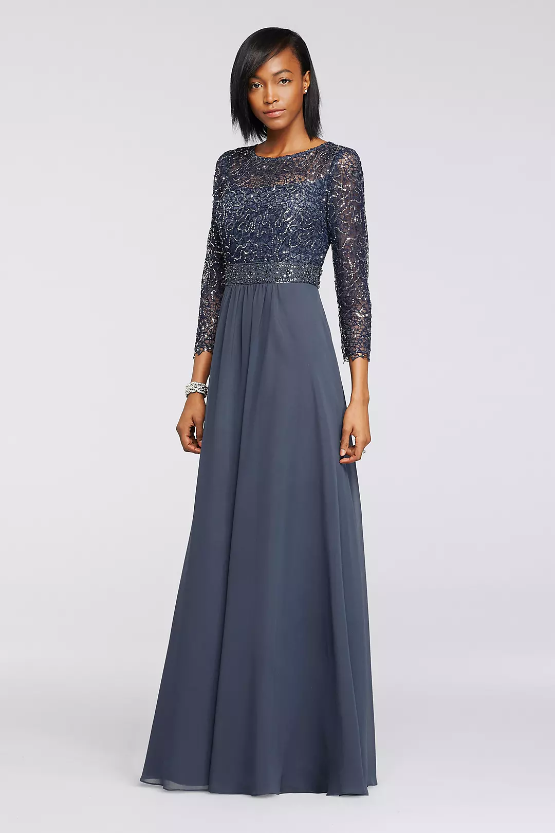 Sequin Lace Long Chiffon Dress with 3/4 Sleeves Image