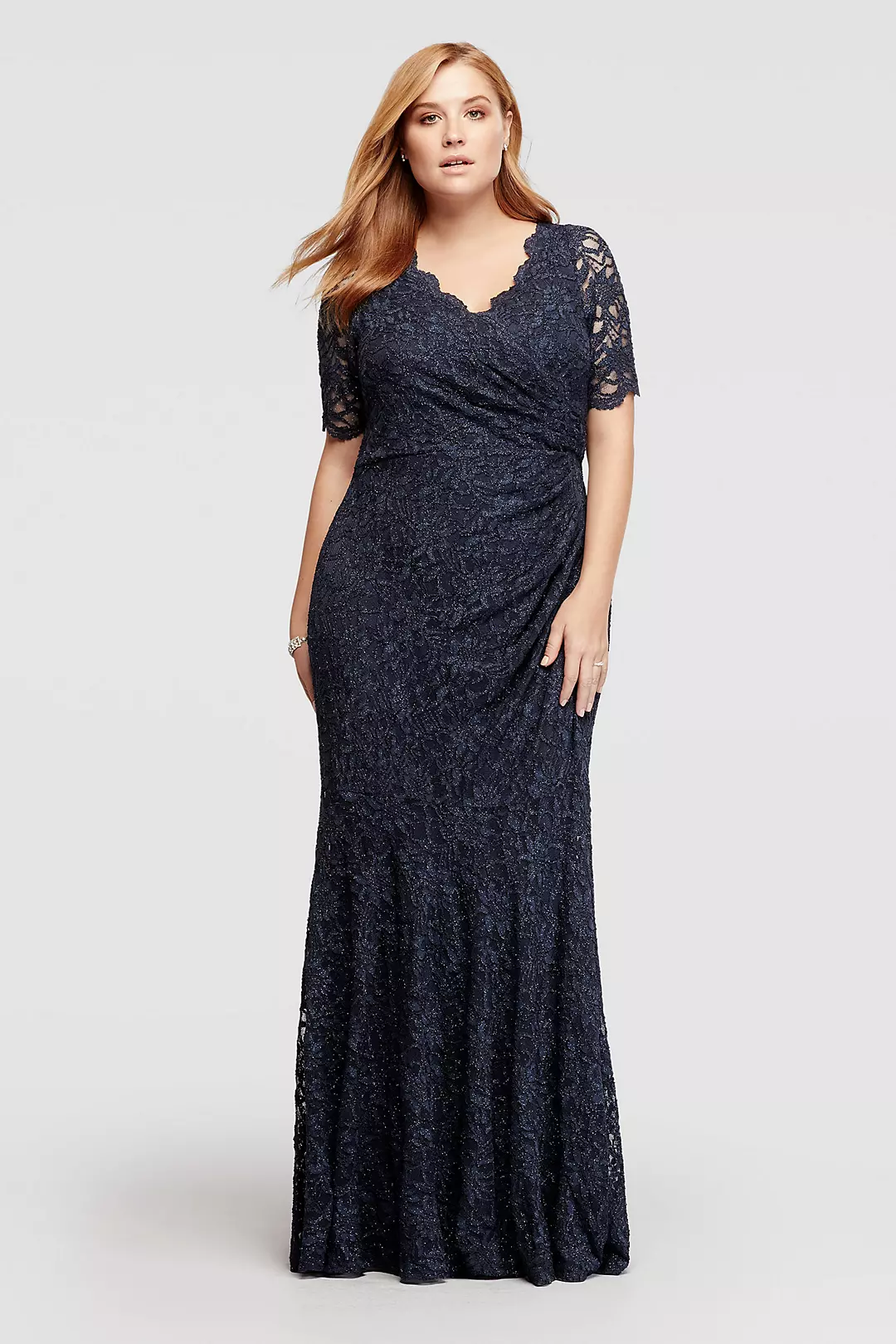 Allover Lace Elbow Sleeved Dress with Scallop Trim Image