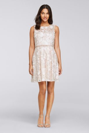 Short Lace Dress with Sheer Mesh Overlay - Davids Bridal