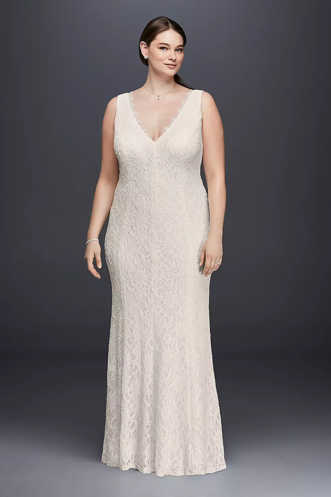 Allover Lace V-Neck Sheath Wedding Dress Image 1
