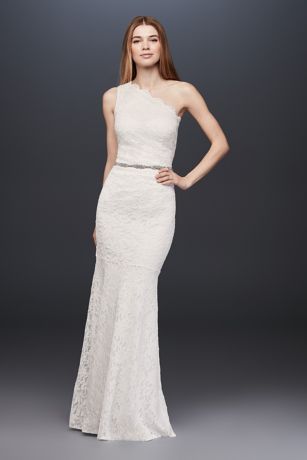 Scalloped One Shoulder Lace Sheath Gown David s Bridal