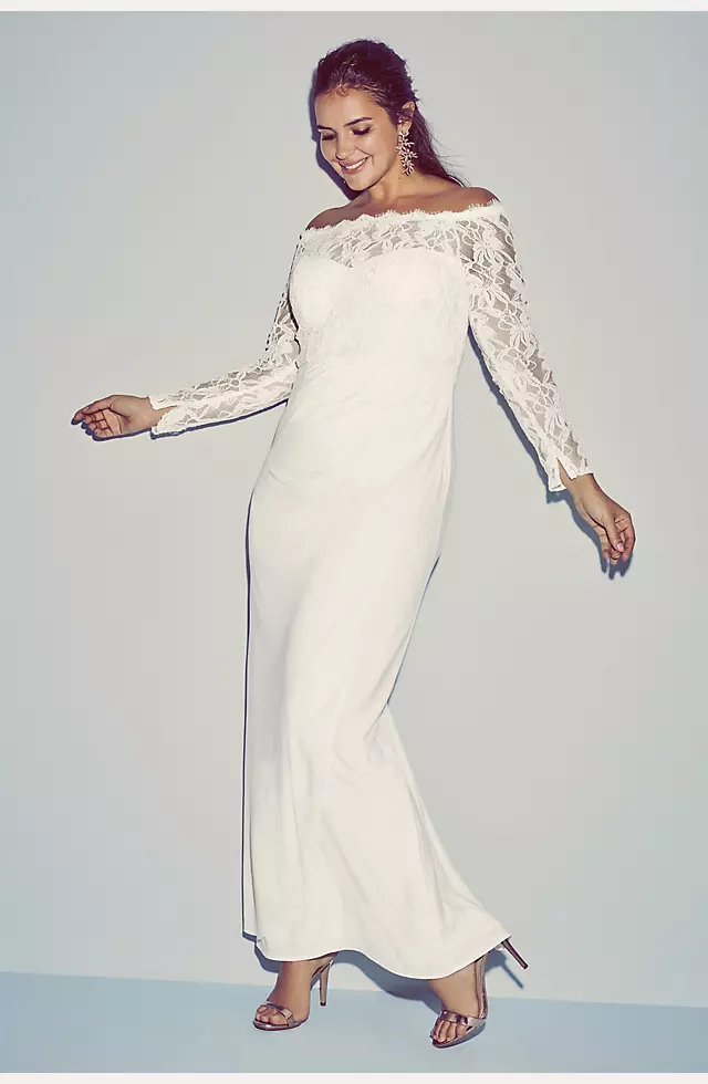 Off-the-Shoulder Long Sleeve Lace Draped Gown Image 4