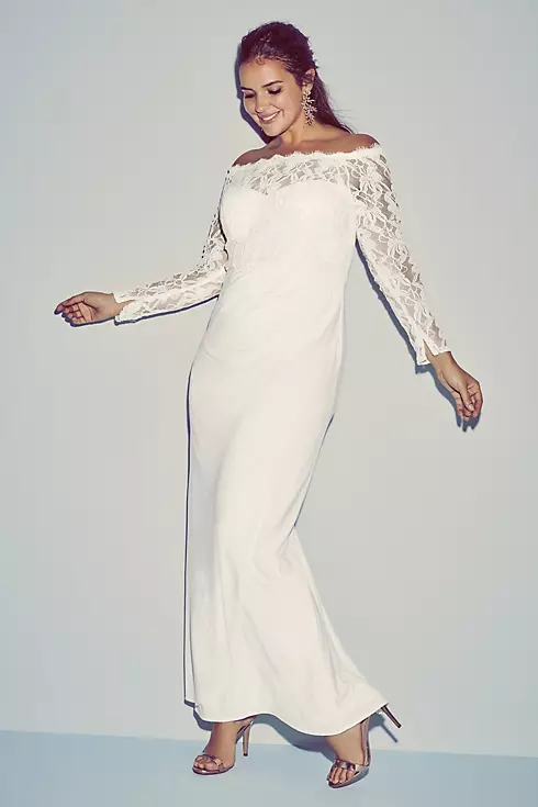 Off-the-Shoulder Long Sleeve Lace Draped Gown Image 4