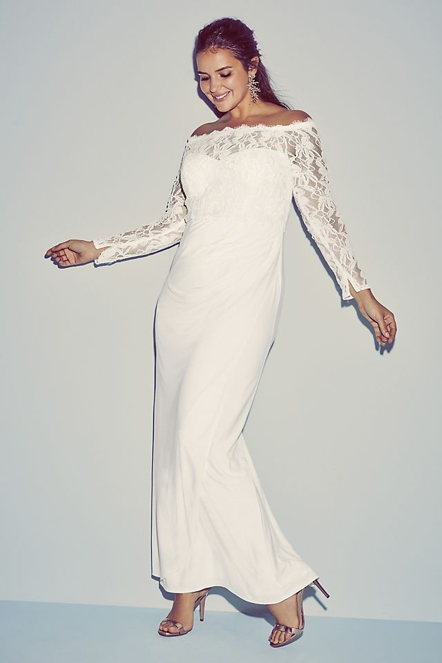 Off-the-Shoulder Long Sleeve Lace Draped Gown Image 8
