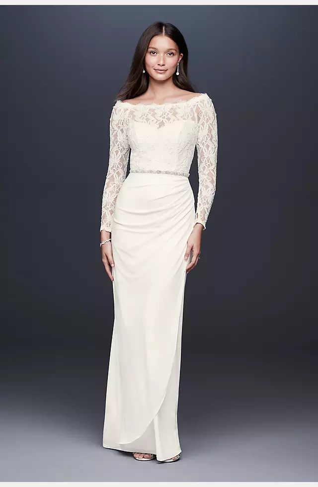 Off-the-Shoulder Long Sleeve Lace Draped Gown Image