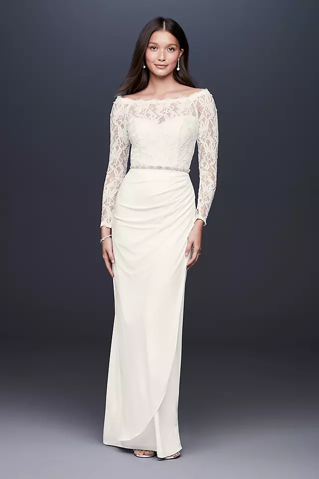 Off-the-Shoulder Long Sleeve Lace Draped Gown Image 1