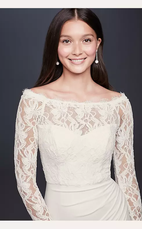 Off-the-Shoulder Long Sleeve Lace Draped Gown Image 3