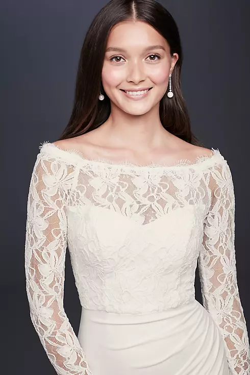 Off-the-Shoulder Long Sleeve Lace Draped Gown Image 3