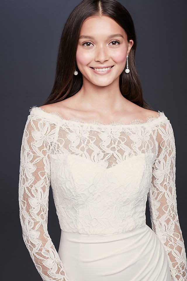 Off-the-Shoulder Long Sleeve Lace Draped Gown Image 8