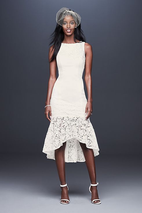 Short Crepe Dress with Asymmetric Lace Flounce Image 1