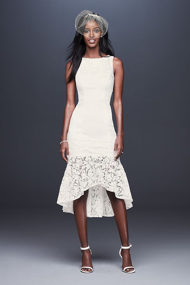 Short Crepe Dress with Asymmetric Lace Flounce Image 1