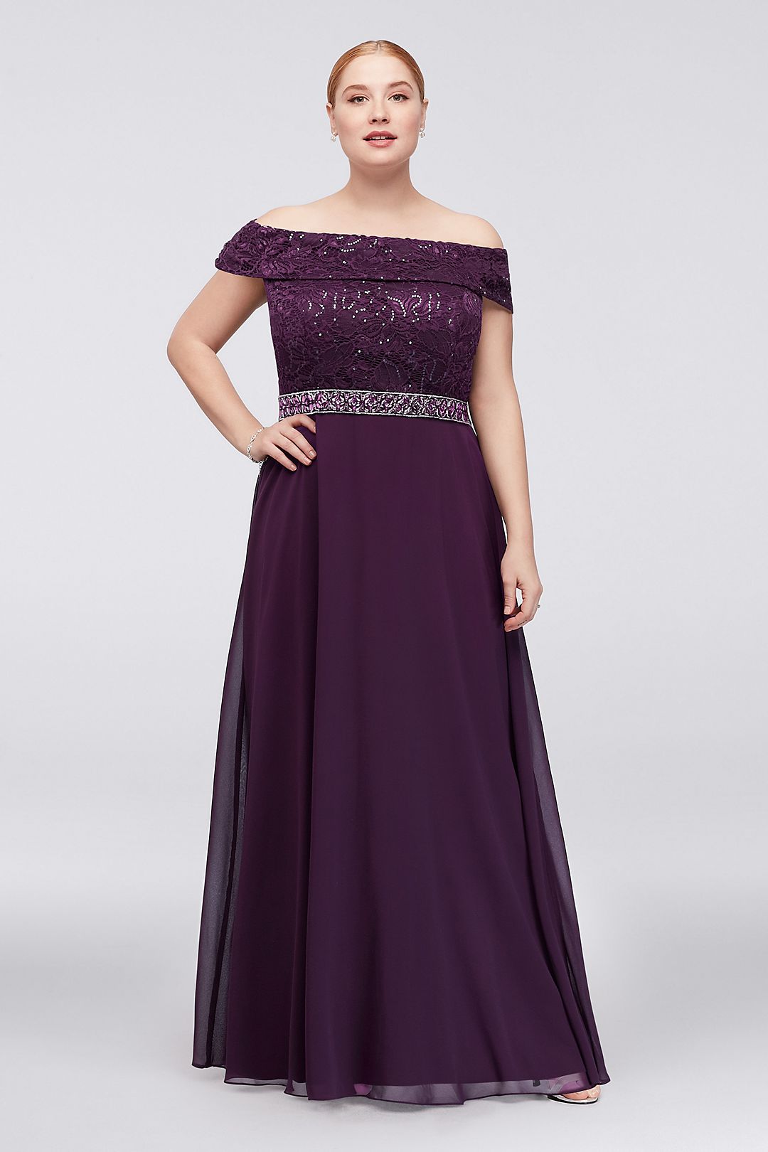 Off-the-Shoulder Beaded Lace and Chiffon Gown Image 4