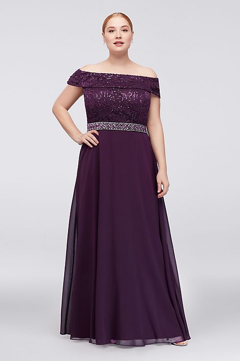 Off-the-Shoulder Beaded Lace and Chiffon Gown Image