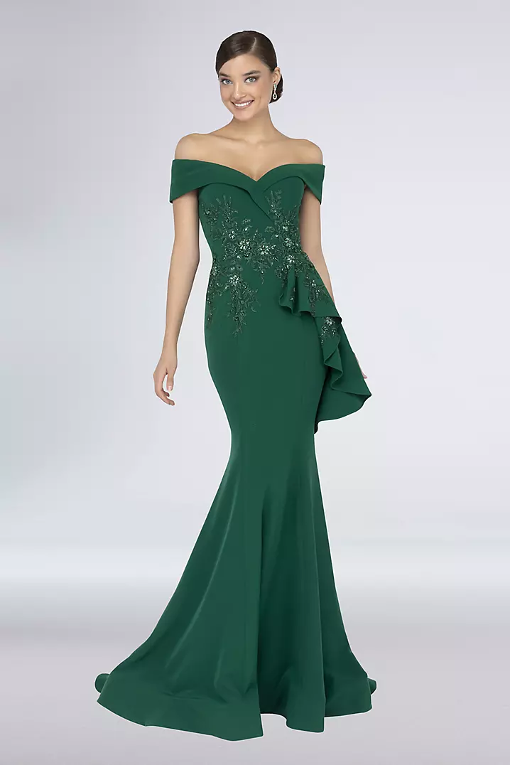 Floral Embroidered Stretch-Crepe Off-Shoulder Gown | David's Floral Embroidered Stretch-Crepe Off-Shoulder Gown | David's