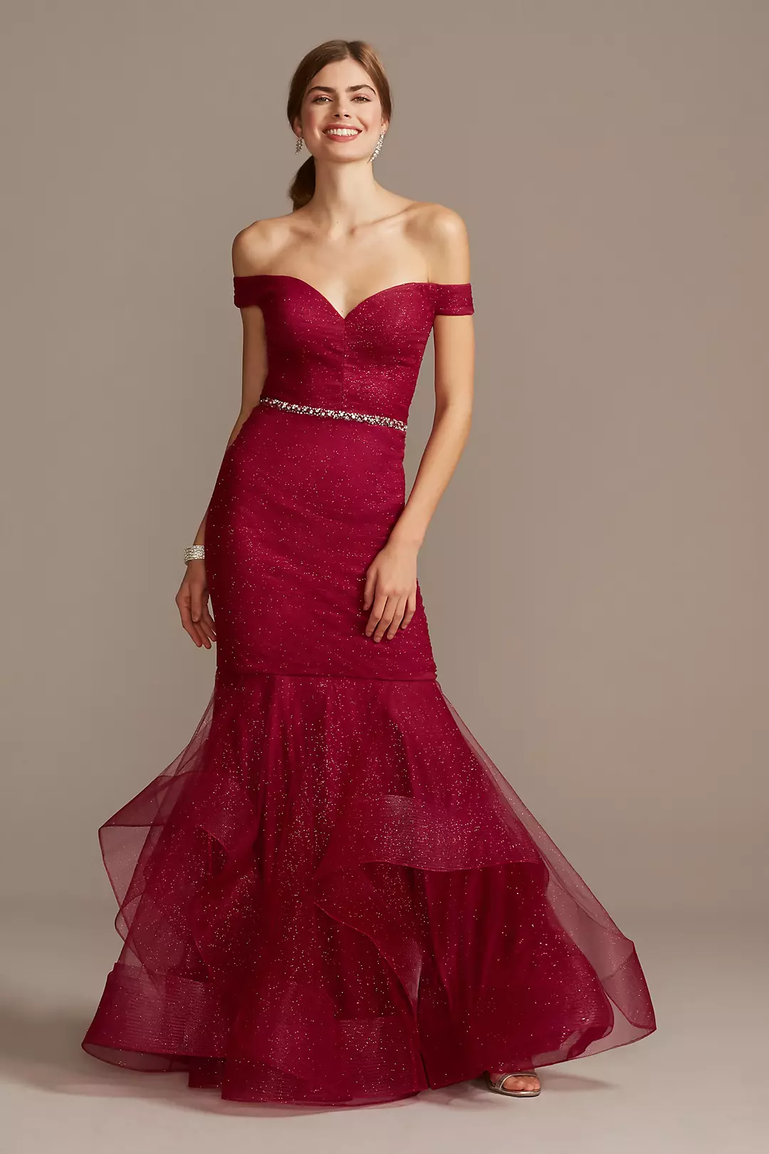 Off Shoulder Glitter Mesh Gown with Horsehair Trim Image