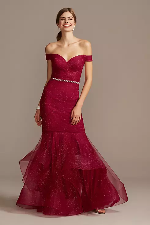 Off Shoulder Glitter Mesh Gown with Horsehair Trim Image 1