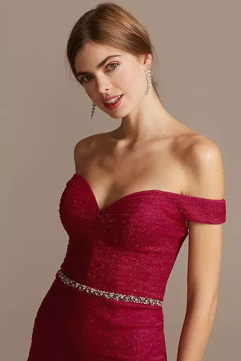 Off Shoulder Glitter Mesh Gown with Horsehair Trim Image 2