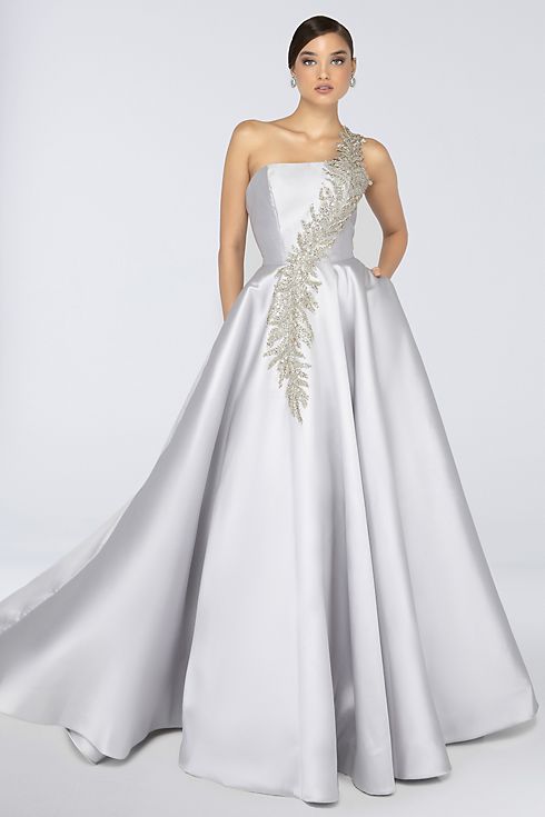 One-Shoulder Beaded Mikado Ball Gown with Pockets Image 3