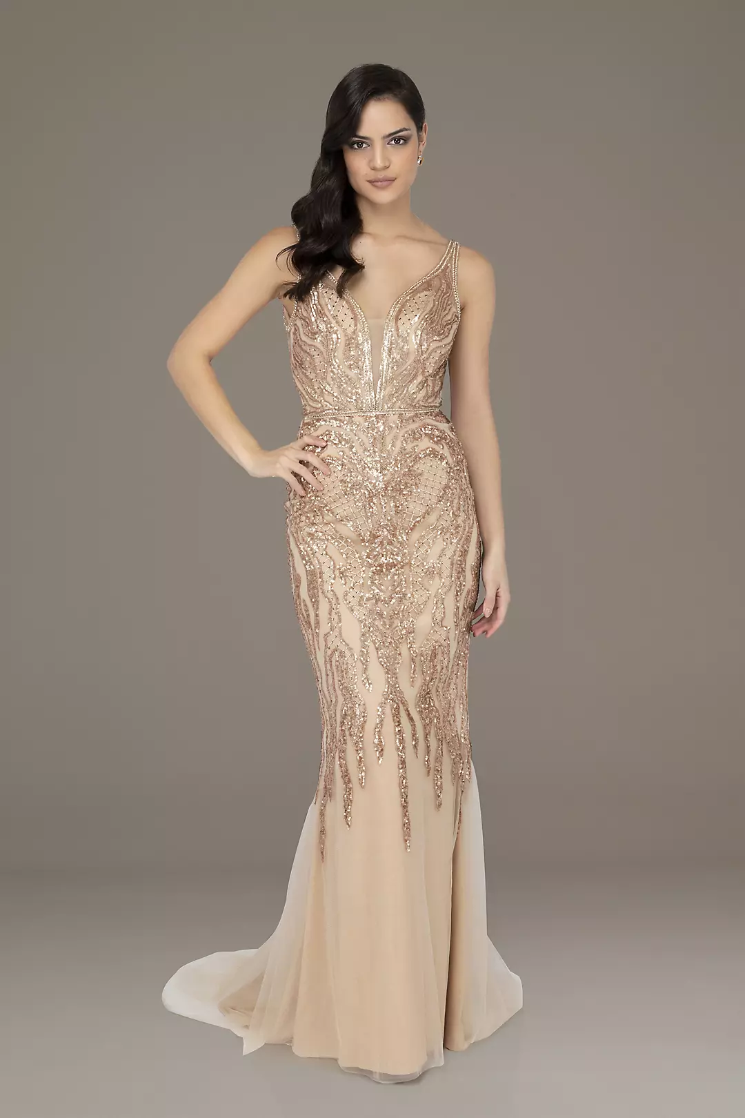 Sleeveless Sequined Illusion Plunge Gown Image