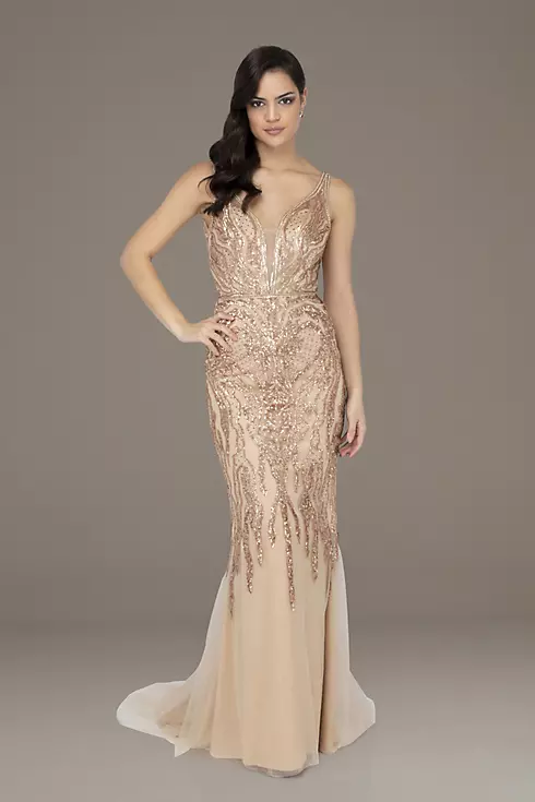 Sleeveless Sequined Illusion Plunge Gown Image 1