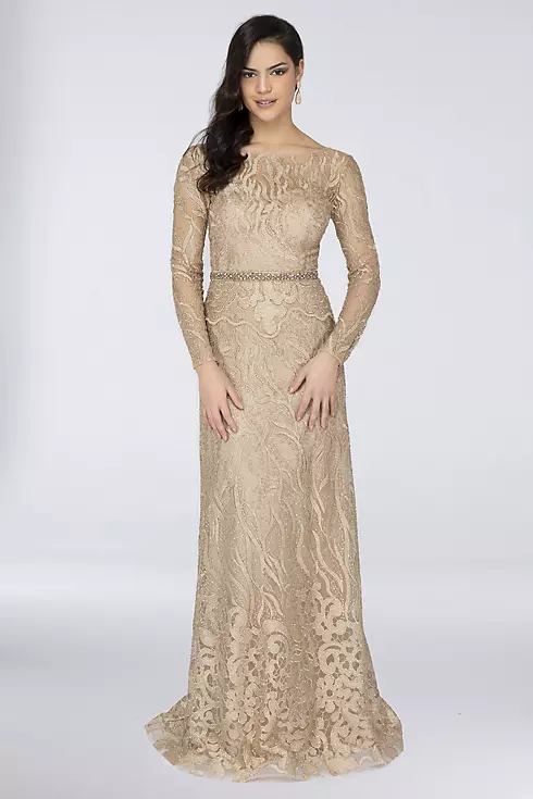 Embroidered Long Sleeve A-Line Dress with Belt Image 1