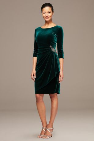 Stretch Velvet Side Ruched Dress with Beaded Hip