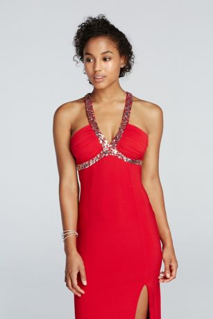 plunge neckline prom dress slit skirt side