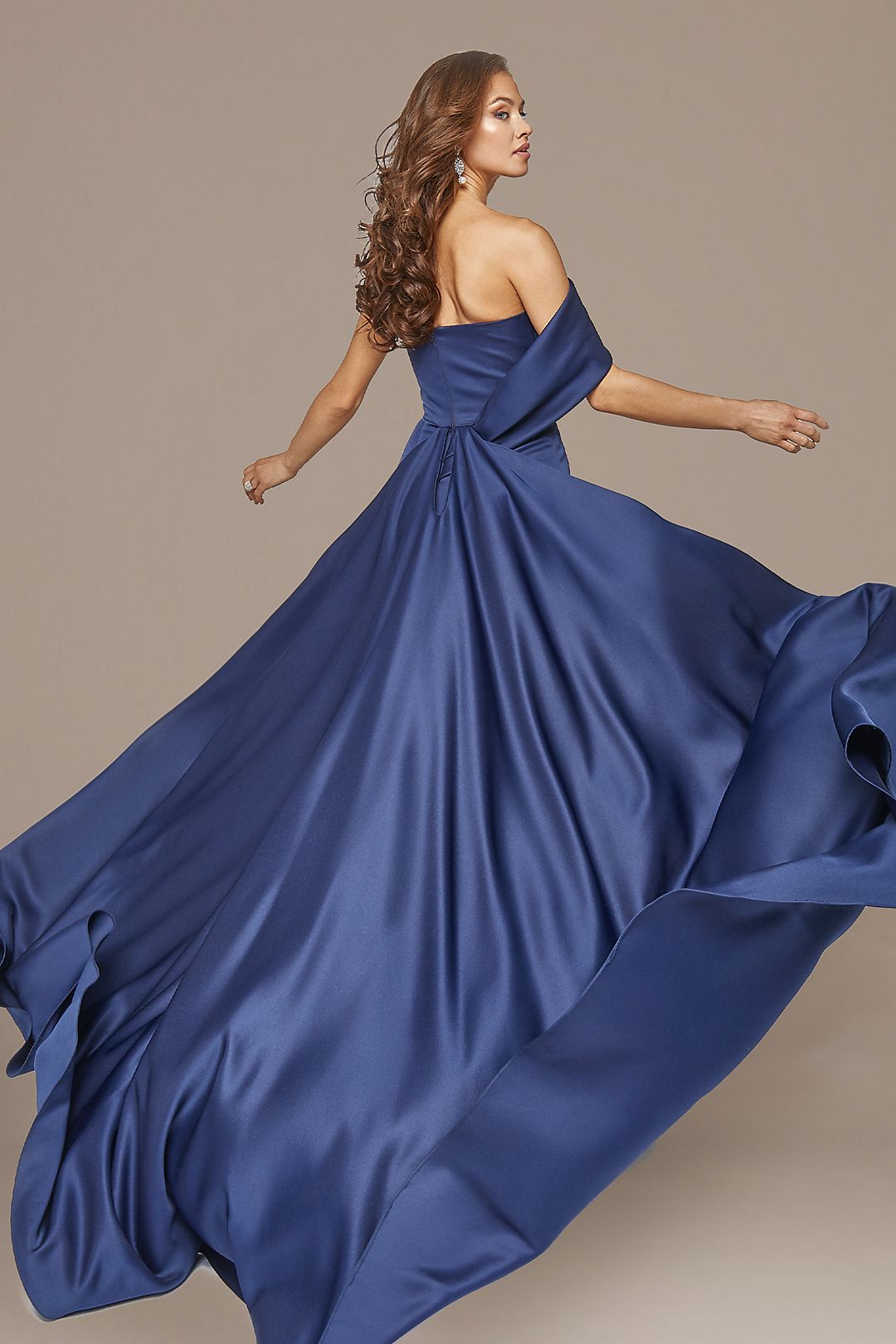 Asymmetrical Off-Shoulder Matte Satin Gown Image 2